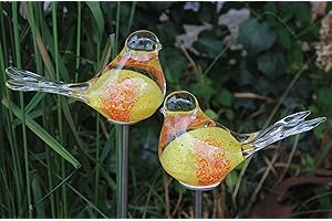 Bornhöft Lot de 2 bouchons de jardin en verre décoratifs faits à la main Motif oiseau 1 (jaune/orange)