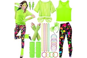 SaiXuan 26 Pcs 80er Jahre Neon Kleidung Damen Set, Netzshirt Damen, Fluoreszierende Westen, Stirnband, Ohrringe, Halskette, Netzhandschuhe, für 80er Jahre Outfit, Mottopartys, Bühnenshows