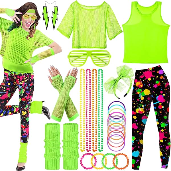 Déguisement Années 80 Pour Femme Vautvis – 26 Pièces Disco Fluo : Top Résille, Gilet, Leggings, Lunettes, Gants, Jambières, Colliers, Bracelets, Bandeau