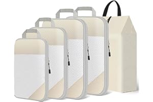 MURISE Compression Packing Cubes, zestaw 5 organizerów do walizek, na przybory podróżne, rozszerzalny zestaw organizerów podróżnych, lekkie torby do pakowania plecaka, kostki do pakowania dla mężczyzn/kobiet, beżowe