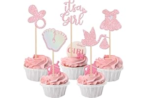SYKYCTCY 30 Pack It's a Girl Cupcake Toppers Pacifier Glitter Onesie Jumpsuit Cupcake Picks Bird Pacifier Cake Decorations for Baby Shower Girl Birthday Theme Party Supplies Pink