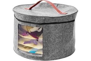 JACKFRU Boîte de rangement à chapeau avec couvercle, ronde avec poignée de transport et fenêtre transparente, boîte de rangement portable avec fermeture éclair (gris moyen)