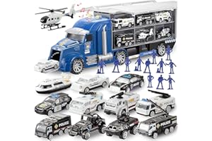 JOYIN Juego de Juguetes 25 en 1 para camión, con Sonidos y Luces en camión, Juguete para el Coche, Regalo de cumpleaños para niños Mayores de 3 años (Coches de policía)