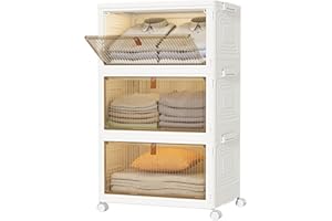 HOMIDEC Wardrobe Storage Organiser,3 Tier Stackable Clothes Storage Boxes with Wheels,Folding Drawers for Clothes,Cupboard Organiser for Bedroom Wardrobe Bathroom Kitchen,White,33L*3 Pack