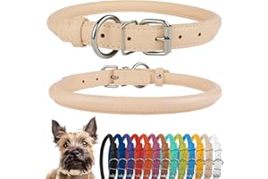 CollarDirect Rolled Leather Dog Collar, Soft Padded Round Puppy Collar, Handmade Genuine Leather Collar Dog Small Large Cat Collars Black Pink Red Purple Blue (Fits 9"-12" Neck, Beige)