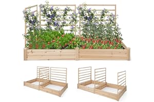 COSTWAY Letto Rialzato da Giardino con 2 Cassoni per Piantare e 3 Tralicci, Aiuola Rialzata da Giardino in Legno per Fiori, Erbe, Verdure, Frutta e Viti Rampicanti, 222 cm x 114 cm x 110 cm