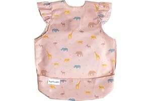 Tiny Twinkle Mess Proof Baby Bib - Waterproof Baby Apron - Machine Washable - PVC, BPA, & Phthalate Free - Great Travel Bib for Baby Eating - Baby Food Bibs (Petite Safari, Large 2-4 Years)