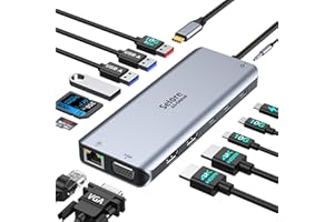 SELORE&S-GLOBAL HUB USB C Docking Station USB C Dual Monitor, 14 en 1 Dock USB C Double HDMI, VGA,10Gbps USB C&USB A, PD 100W, Ethernet RJ45, Audio, SD/Micro SD, Stations d'accueil USB C pour MacBook Dell Lenovo HP