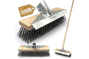NEWMAN AND COLE 12 Inches Heavy Duty Wire Broom with Metal Scraper and Long Wooden Handle - Yard Brush Garden Outdoor Broom Sweeping Brush Patio & Paving Scrubbing Deck Floor Brush