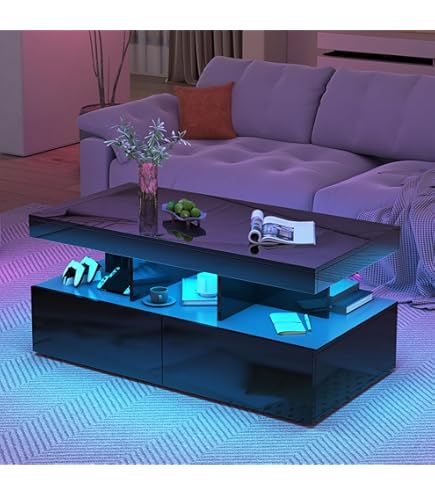 Salontafel voor de woonkamer (70*70*38cm), opklapbare salontafel met led-lichtstrip