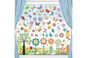 ‎MECCTUCK Fensterbilder, 148 Stück Fenster Aufkleber, Schmetterlings Fensteraufkleber, Frühling Sommer Fenstersticker, Blumen Schmetterlinge Fensterdeko, Selbstklebend Aufkleber für Frühling Sommer Ostern