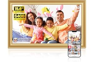 BIGASUO Frameo WiFi Digital Photo Frame 15.6 Inch Golden - 1920 * 1080P FHD IPS Touch Screen Picture Frame Electronic, 64GB Memory, Auto Rotate, Wall Mountable, Sharing Photos and Videos