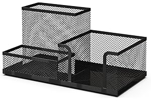 Detectalia Organisateur de bureau et porte-stylos en maille métallique noire - Accessoires de bureau - Organiseur pour matériel scolaire - Organiseur pour stylos et papeterie - 20,3x10,3x10,3cm - Noir