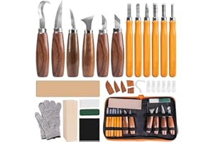 FANTICDE Ciseaux à Bois,30 in 1 Outils de Sculpture bois,Outillage Bois avec 12 Couteau Sculpture bois,Professionnel/Junior Outil de Ciseaux a Bois Kit DIY avec Gants anti-coupure,Pierres à Aiguiller