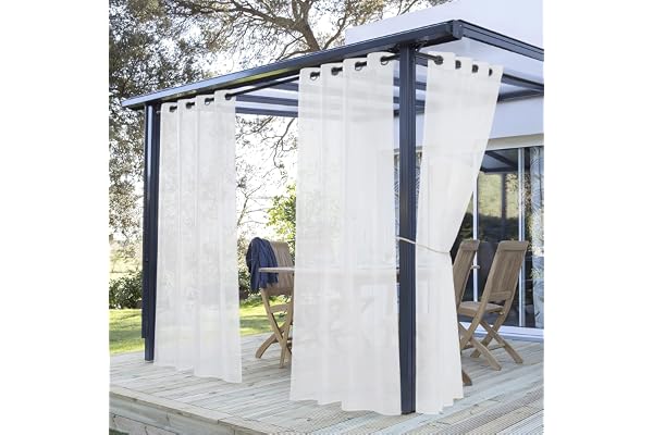PONY DANCE Rideau Extérieur - Rideaux Voilages Blanc Exterieur pour Pergola Jardin Extérieur & Intérieur Maison Chambre, Lumière Filtrer avec Oeillets, L 137 x H 213 cm, 2 PCs