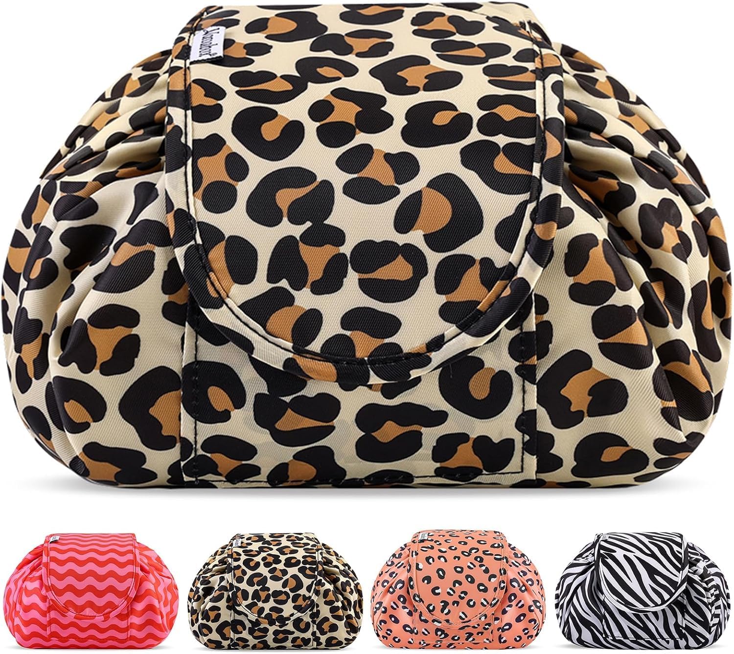 Lazy Drawstring Makeup Bags, Large Capacity Waterproof Travel Portable Cosmetic Bag Pouch Makeup Pouch Storage Organiser for Women Girl (Yellow Leopard)