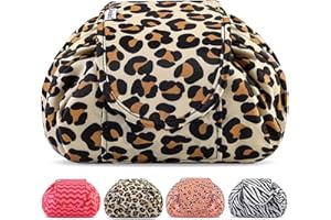 VAVABOX Lazy Drawstring Makeup Bags, Large Capacity Waterproof Travel Portable Cosmetic Bag Pouch Makeup Pouch Storage Organiser for Women Girl (Yellow Leopard)