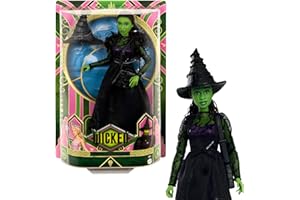 Mattel Universal Wicked Elfaba Lalka modowa do ustawiania w różnych pozach z zieloną skórą, czarnymi warkoczykami i zdejmowaną kreacją oraz akcesoria, HXT62