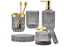 TeamSky Bathroom Accessories Set, 5PCS Glass Set, Includes Lotion Dispenser, Soap Dish, Toothbrush Holder, Tumbler and Jar, Stylish Modern Bathroom Decor (Dark grey)
