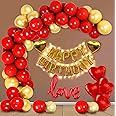 Party Propz Birthday Decoration Items Kit For Husband, Wife - 64Pcs Set Golden And Red With Foil,Love, Heart Balloon, Metallic,Led Fairy Light, Heart,Glue Dot and Arch Strip Roll/Ballon Garland