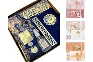 SERENITY & ELEGANCE Premium Quality Prayer Mats Muslim - Umrah Mubarak Gifts, Islamic Gifts Personalised Prayer Mat- Tasbeeh, Quran Bookmark, Rose Water and Yaseen Surah Book and Ayatul Kursi Mirror Hanger