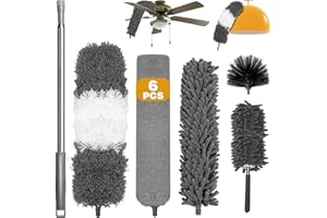 WEHERS 6 PièCes Plumeau Poussiere Telescopique, Plumeaux Microfibre Lavable Tête Nettoyage Différentes, Longueur Maximale 25-250cm, pour Toile D'Araignée, Ventilateur de Plafond,Stores