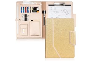 Toplive Porte Document Portfolio A4 en cuir PU avec poche pour document, agenda d'affaires en cuir pour réunion/bureau/carte de visite professionnel/dossier de conférence,Or Bling