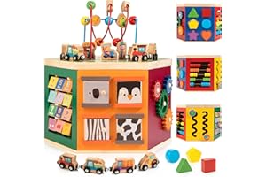 WOODMAM Farm Animal Activity Cube, 9-in-1 Wooden Montessori Toddler Toys, One Year Old First Birthday Toy, Baby Toy Set Including Magnetic Trains & Shape Sorter