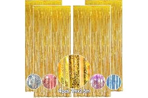 OEMG Rideau Métallique de Frange Or 1x2.5m, 4Pcs Brillant Rideau à Frange Or Aluminium, Rideau Brillant Métallique Or, Rideau Metallique a Frange Or, Rideau Frange Or pour Anniversaire, Noel, Fete, Mariage
