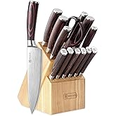 PAUDIN Kitchen Knife Set with Block,14-Piece Knife Block Set & Sharpener, German Stainless Steel Chef Knives, Ergonomic Pakka