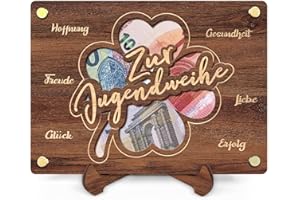 QHHENTOO Zur Jugendweihe Geldgeschenk - Geld Geschenke aus Holz inkl. Ständer zum Geburtstag Hochzeit Reise Geldgeschenke Verpackung Mit Grußkarten