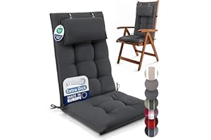 ‎BEAUTISSU Beautissu Premium Hochlehner Auflage mit Kopfpolster 120x50cm Sun-HL – 8cm Dickes Polster Gartenstuhlauflage rutschfest Befestigungsbänder UV-Lichtechtheit 5 – Robuster Stoff Uni Anthrazit