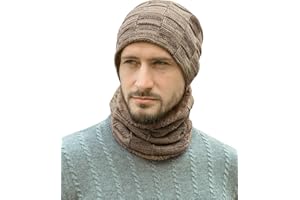 GENERIC Mens Winter Beanie Hats Scarf Set Warm Knit Hats Skull Cap Neck Warmer with Thick Fleece Lined Winter Hat & Scarf for Unisex Gift