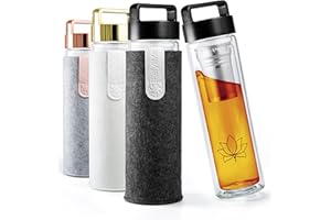 REFYLL Tea Bottle with Filter "teaFyll" 450ml I Tea Bottle with Infuser to Go 0.5l for Hot & Cold Tea I Double-Walled Borosilicate Glass Bottle + Fruit Infuser for Iced Tea & Infused Water.