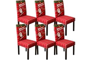 NILIOYUL Christmas Dining Chair Covers Set of 6 Stretch Dining Chair Slipcovers with Santa Xmas Removable Washable Chair Protector Covers High Back Chair Protection for Living Room Kitchen Hotel Party Decor