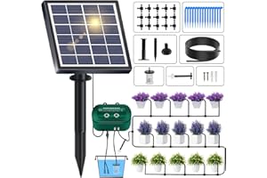 METHROP Solar Drip Irrigation System Kit with Timer,Automatic Watering System Anti-siphon/Automatic Alarm/12 Timer Modes/15M Hose for Garden Outdoor Potted Plants Watering Devices