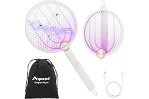 ASPECTEK Ulepszona elektryczna łapka na muchy 3000 V do użytku wewnątrz i na zewnątrz, przenośna, składana, ładowalna z ulepszoną żywotnością baterii, kabel do ładowania USB, zawiera torbę do