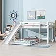 ANIROY Children's Cabin Bed Frame with Slide & Ladder, Bunk Bed for Kids with Adjustable Ladder and Slide, Adjustable Lower Bed, 190x90cm+200x90cm, White