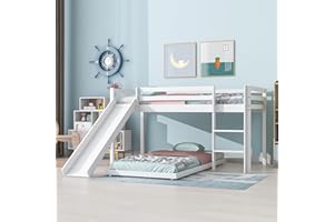 ADIBY Bunk Bed for Kids with Adjustable Ladder and Slide, Children's Cabin Bed Frame with Adjustable Lower Bed (White, 190x90cm+200x90cm)