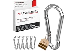 RAVN HAMAN Juego de 6 Mosquetones 8 x 80 mm - Mosquetones con Cierre a presión - Carga de hasta 230 kg - Gancho de Resorte para Llavero, Hamaca, Saco de Boxeo, etc. - Acero galvanizado
