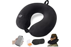 JetsCush Nadmuchiwana Poduszka Podróżna na Szyję, Kompaktowa Poduszka z Maską na Oczy i Zatyczkami do Uszu, Lekka Poduszka dla Dorosłych do Samolotu, Pociągu, Samochodu i Biura, Czarny