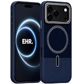 Ehr. iPhone 17 Pro Max ile Uyumlu Magsafe Wireless Şarj &Ouml;zellikli Mat S&uuml;et Deri Nakışlı İ&ccedil;i Kadife Silikon Arka Kapak (Mavi, 