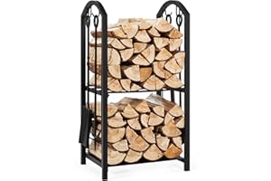 Abician Range-Bûche de Bois de Cheminée en Métal avec 2 Étagères Porte-Bûches de Bois de Chauffage avec 4 Outils Porte-Bois avec Poker, Brosse, Pince et Pelle Extérieur/Intérieur