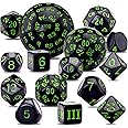SIQUK 15 Pieces Complete Polyhedral Dice Set D3-D100 Game Dice Set with a Leather Drawstring Storage Bag for Role Playing Table Games, Black and Green