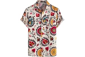 LucMatton Men's Cotton Linen Traditional Pattern Print Short Sleeve Button Down Hawaiian Shirts