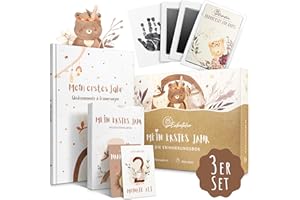 EULENTALER® Mein erstes Jahr I Die Erinnerungsbox 3in1 Sparset I Von Pädagogen gestaltet I Babyalbum, Meilensteinkarten, Baby Abdruckset I Geschenke zur Geburt & Babyparty I Für Jungen & Mädchen