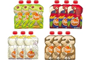 Lot de 12 Gourdes Réutilisables 130ml | Collection amazonie | Pour bébé, enfant et adulte | compotes, purées, et smoothies | Étanches et Durables | Fabriquées en Suisse et en France | Squiz