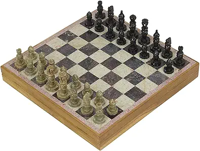 Fine Craft India Handcrafted Square Marble Chess Board with Wooden Base (12 Inch)
