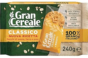 Gran Cereale Classico, Biscotti Integrali con Fiocchi di Avena, Farro e Orzo, Confezione 240 g con 6 Monoporzioni da 4 Biscotti