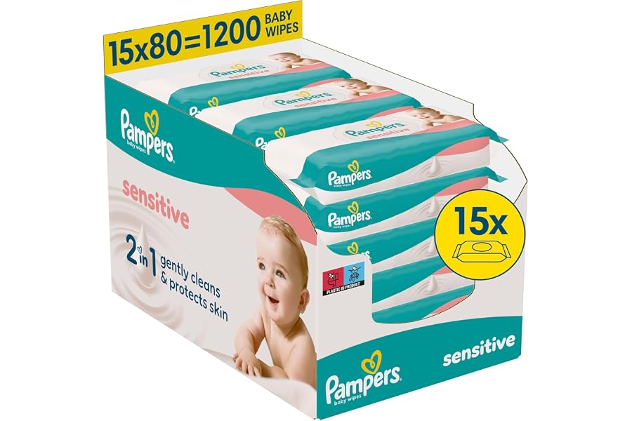 Pampers Sensitive Baby-Feuchttücher, 15 Packungen mit 80 Feuchttüchern,1200 Baby-Feuchttücher, 2-in-1 sanfte Reinigung & Haut